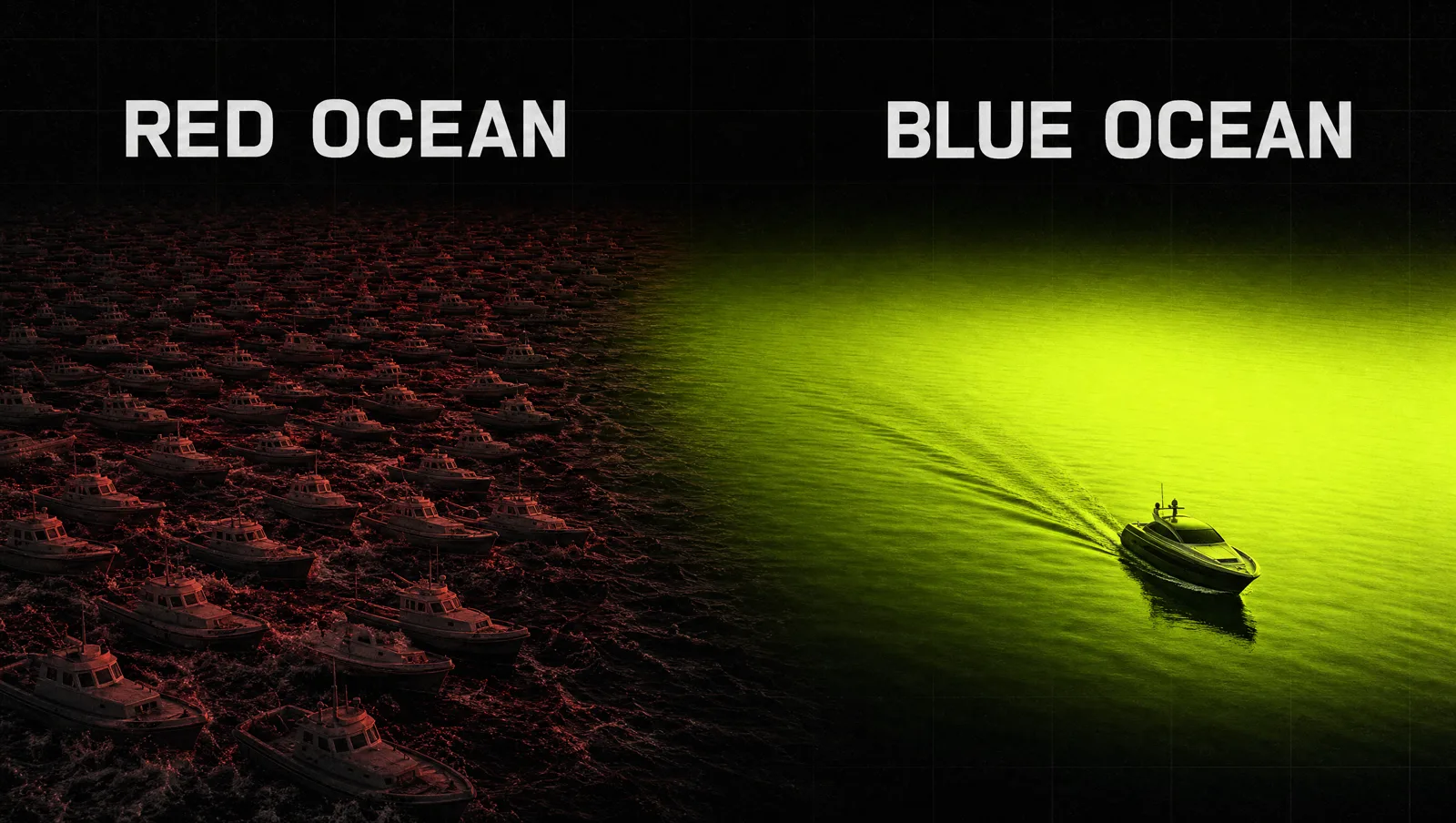 A single calm lime-lit stretch of open water next to a crowded, churning dark sea full of identical boats: a blue ocean beside a red ocean