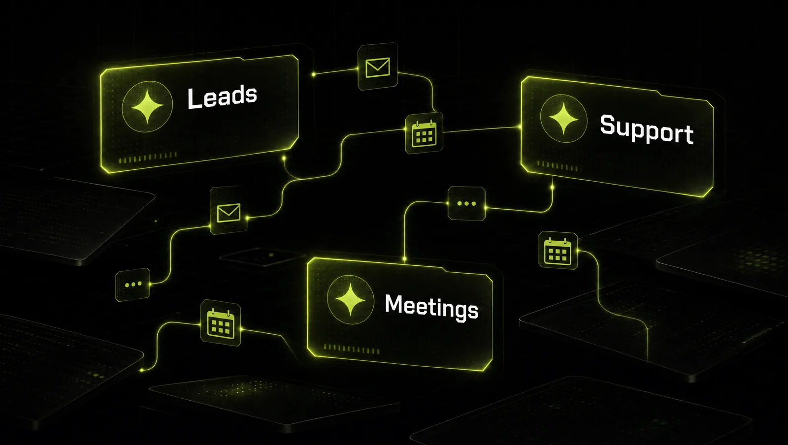 A dark control room with lime lit agent cards routing leads, support tickets and calendar invites between people