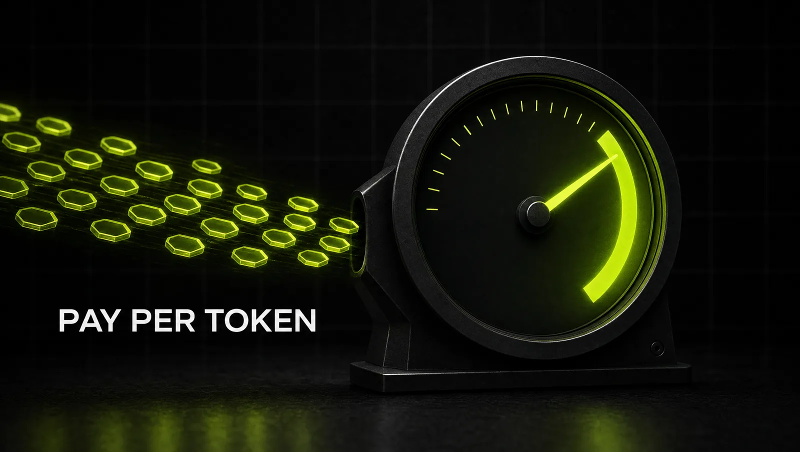 A glowing lime meter filling up token by token on a dark desk: every API call adds to the bill