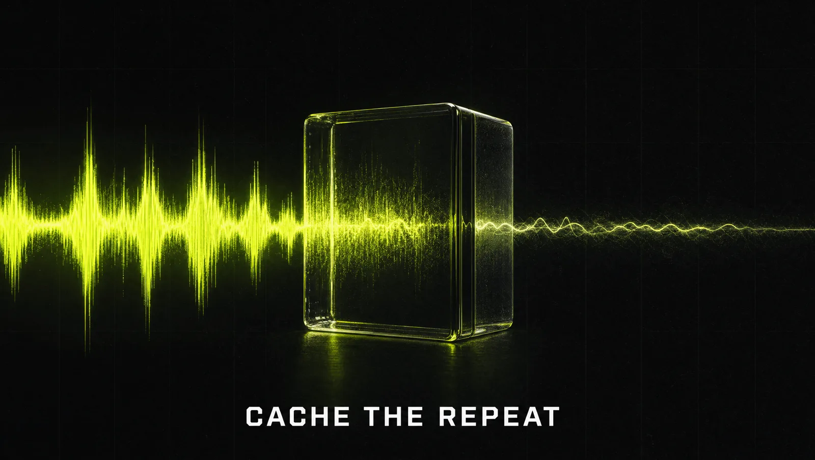 A voice waveform in lime passing through a glowing cache block and coming out lighter on the other side