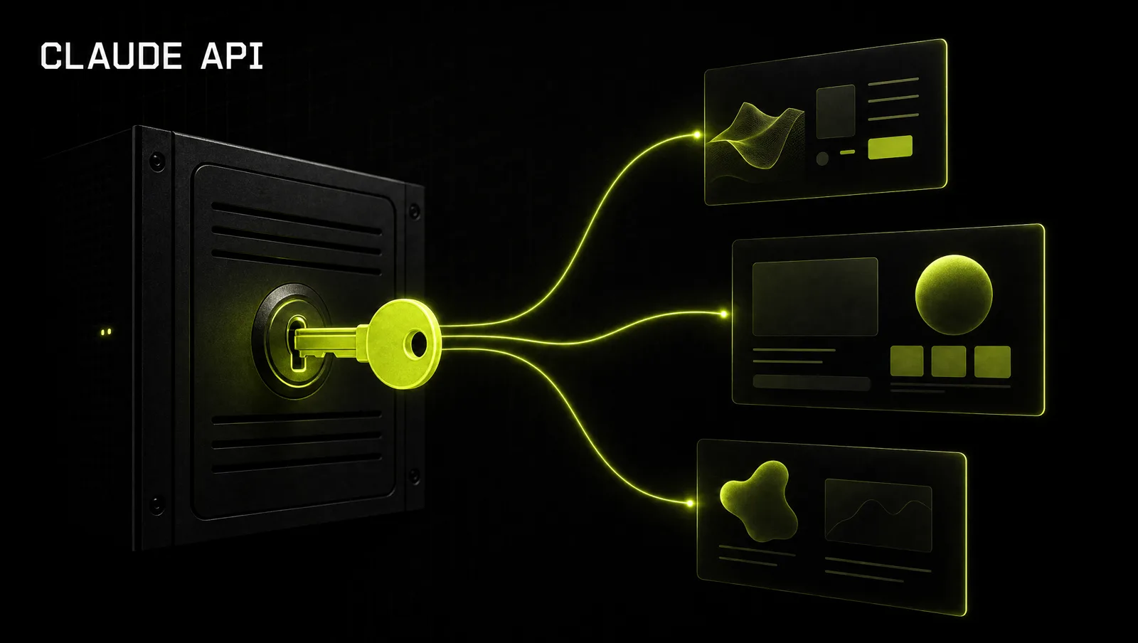A single glowing lime key plugged into a dark server panel, light flowing out into several product screens