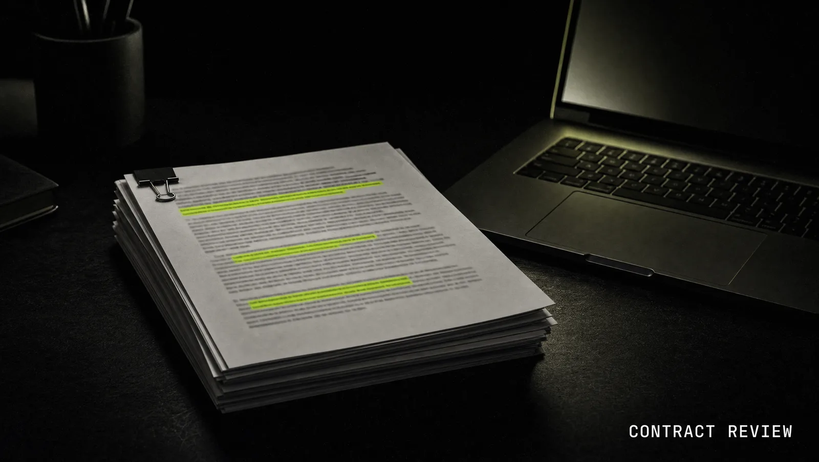 A dark desk with a stack of contracts, lime highlight lines marking flagged clauses on the top page