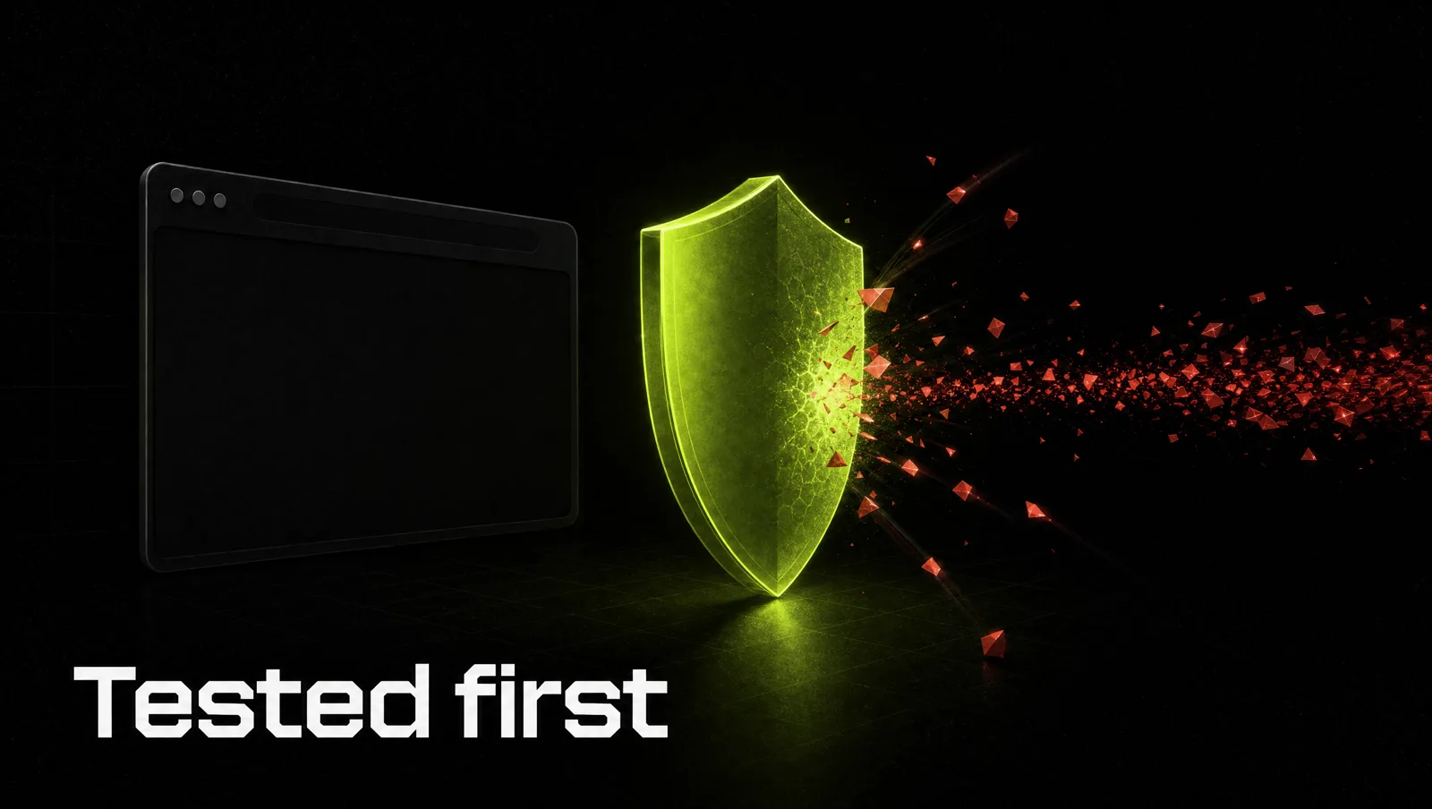 A lime shield standing between a browser window and a stream of hidden red instructions, most of them bouncing off
