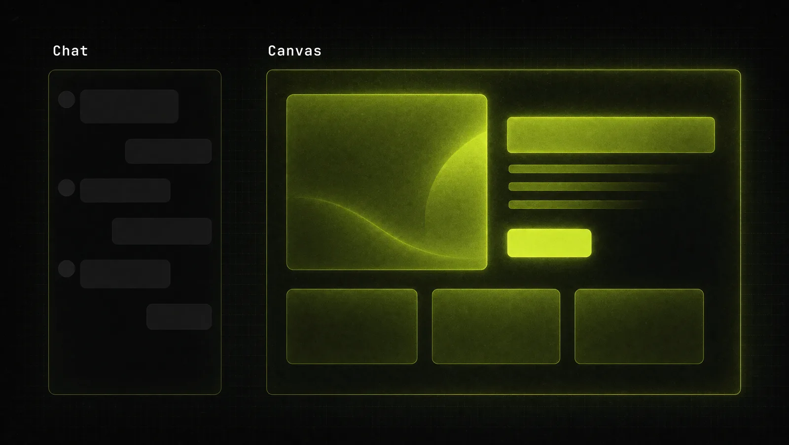 A glowing lime canvas floating next to a dark chat panel, a landing page layout forming on the canvas as the conversation grows