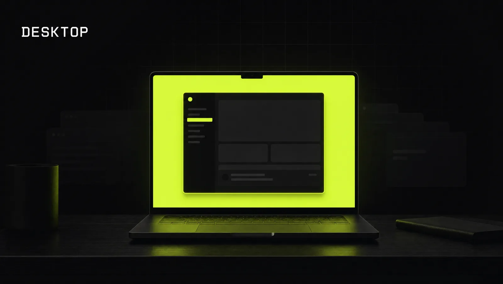 A dark desk with a laptop glowing lime, one app window open in the center while browser tabs fade into the background