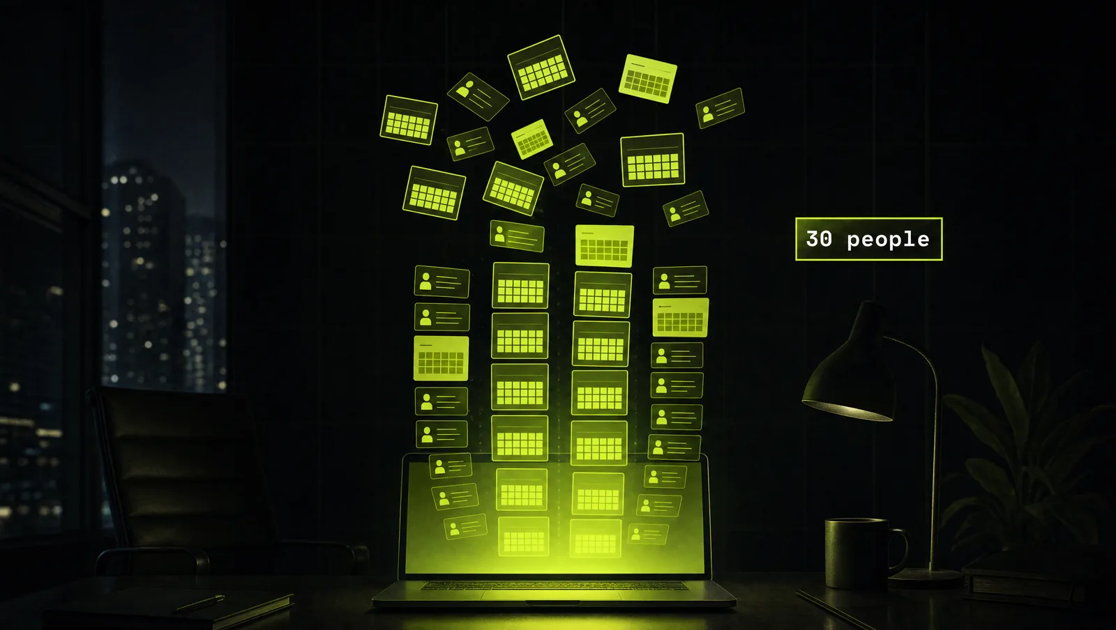 A dark office at night, a single laptop glowing lime with calendar blocks and lead cards sorting themselves into columns