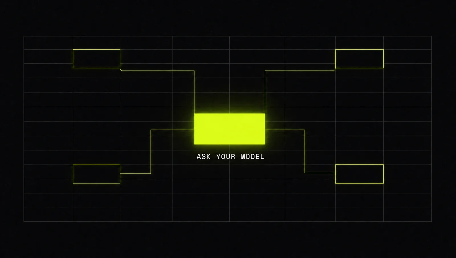 A dark spreadsheet grid with one glowing lime cell at the center, thin lines tracing its formula back to the cells it depends on