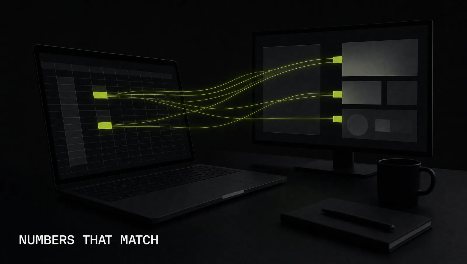 A dark finance desk at night with a spreadsheet and a presentation connected by glowing lime threads between matching numbers