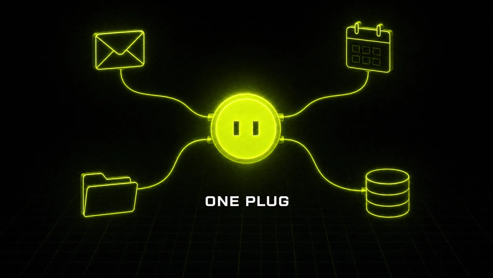 A glowing lime hub in a dark room with cables running out to floating icons for mail, calendar, files and a database: one AI plugged into every tool