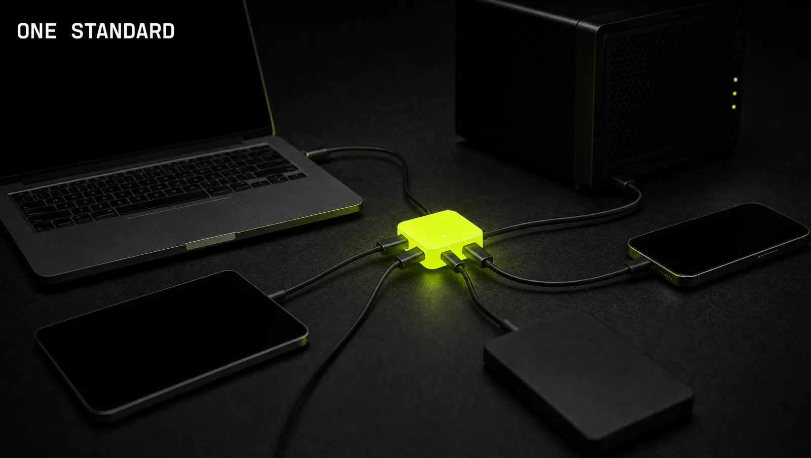 A single lime plug on a dark table with many different devices around it all connected to the same port