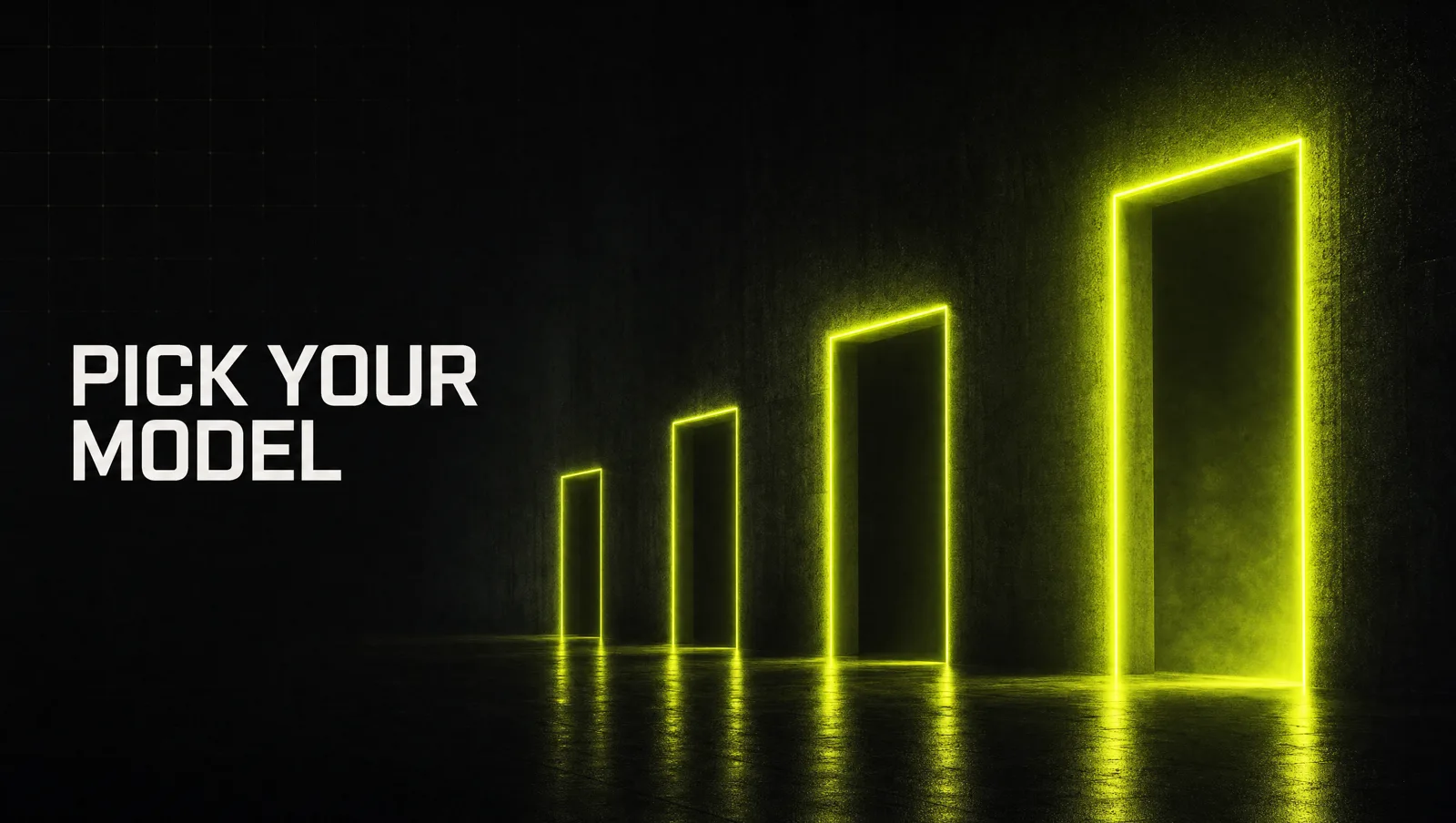 Four glowing lime doors of different sizes in a dark hallway, each one leading to a different kind of work: choosing the right Claude model