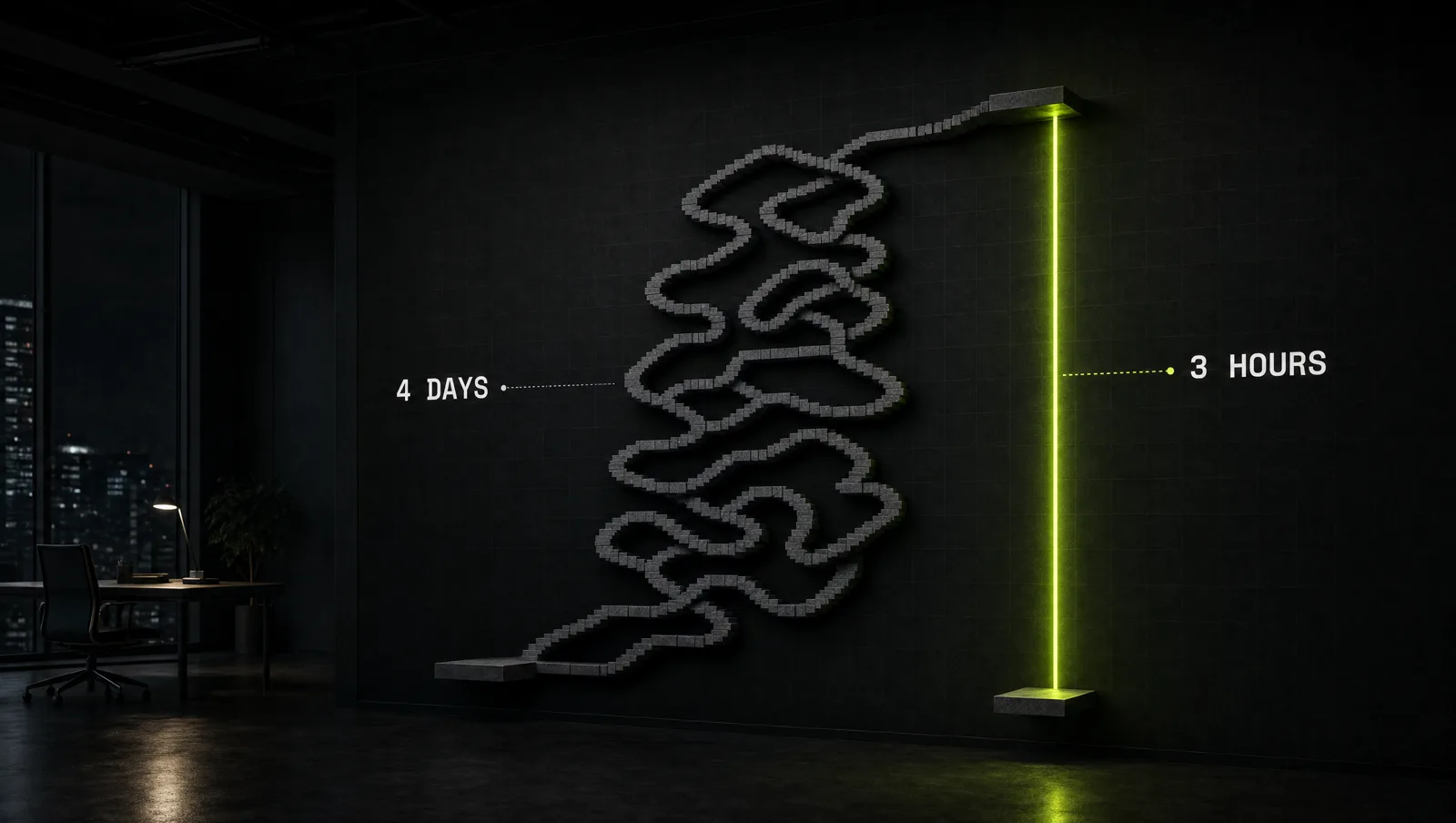 A dark trading floor at night where a long tangled path of many small steps is replaced by one short, bright lime route