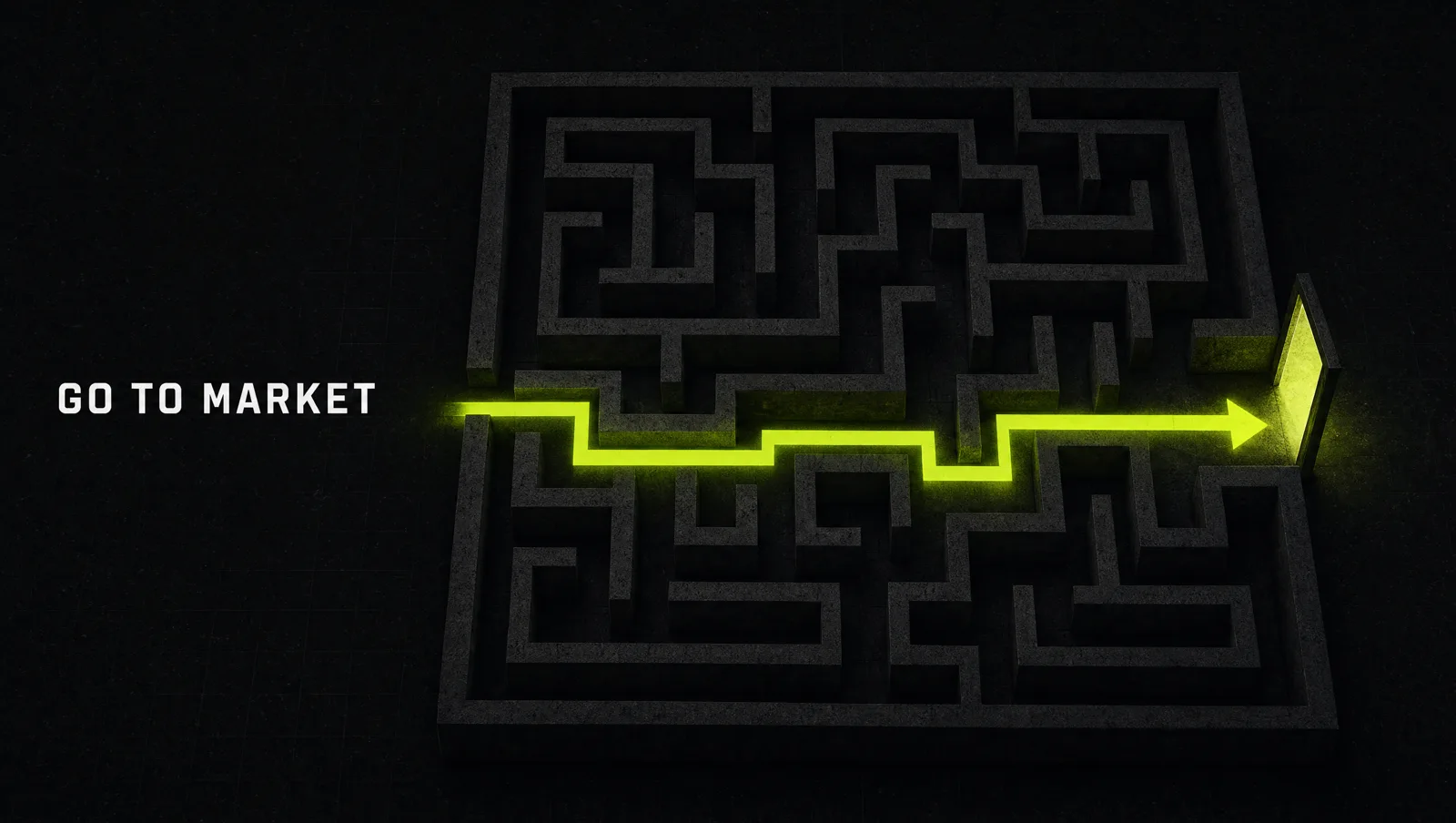 A single lime arrow cutting a clean path through a dark maze toward one lit doorway: a focused route to the first customers