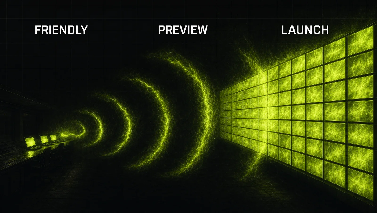 A dark control room where a single lime signal spreads from a few small lit screens to a wall of many, showing a launch in waves