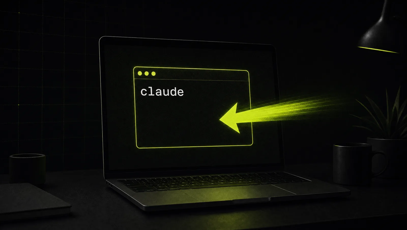 A dark desk at night with a laptop showing one glowing electric lime terminal window and a download arrow sliding into it