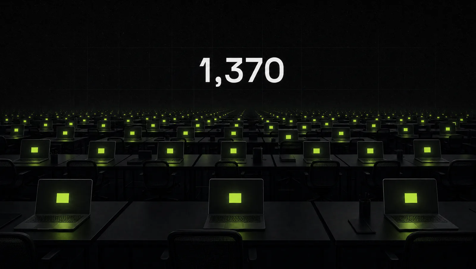 A dark office with rows of identical laptops, each showing the same small glowing lime terminal window