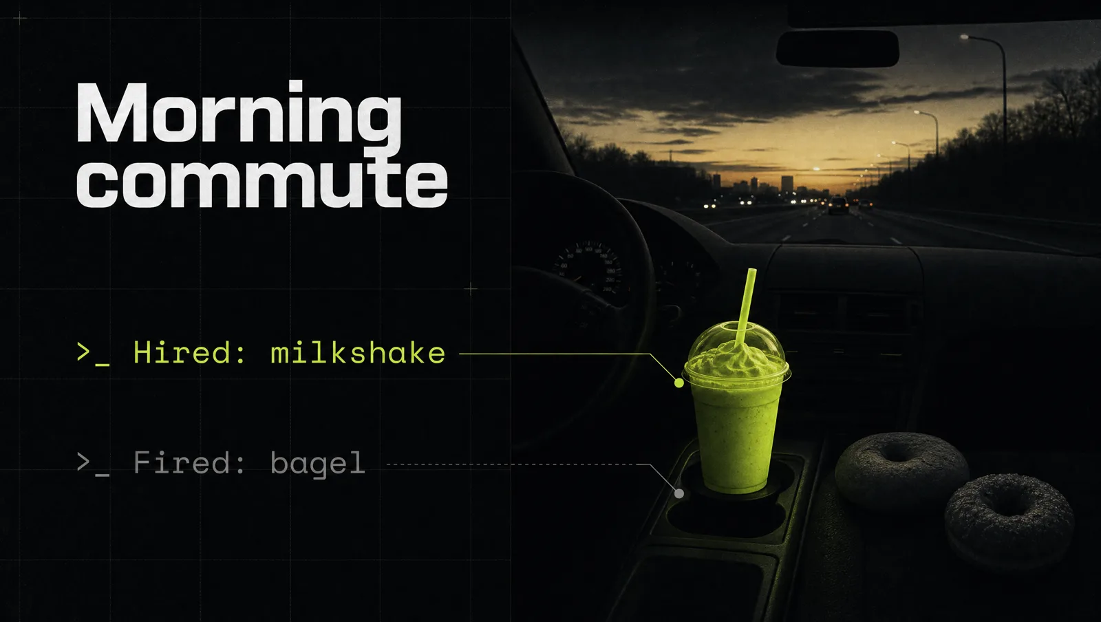 A single lime milkshake cup in a car cup holder on a dark early morning road: the commute job