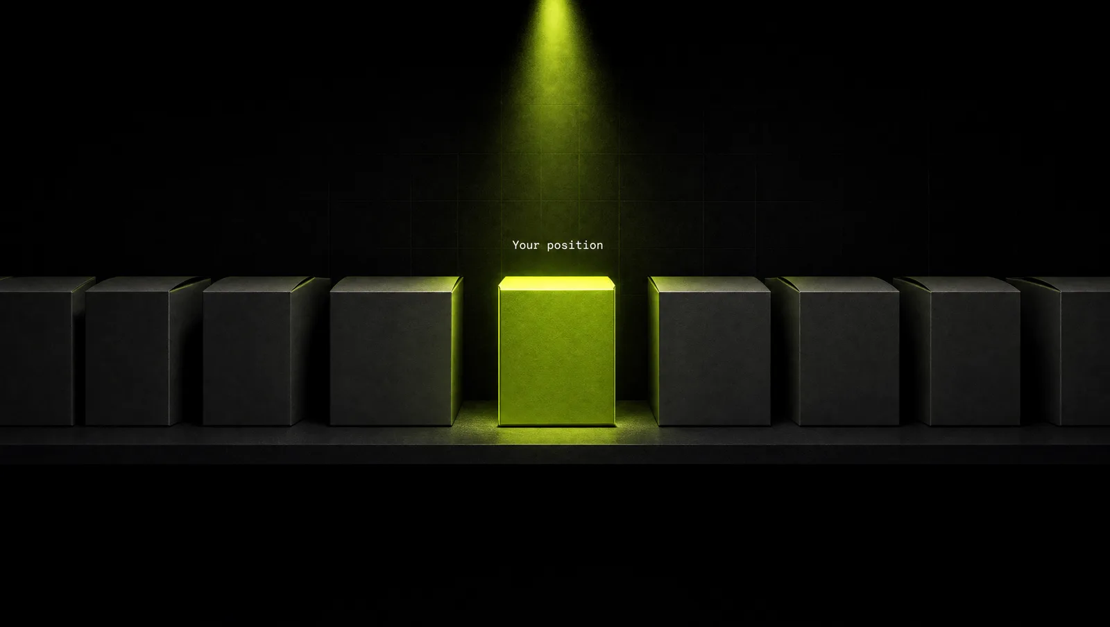 A single lime spotlight picking out one product on a dark shelf of identical grey boxes: a clear position in a crowded market