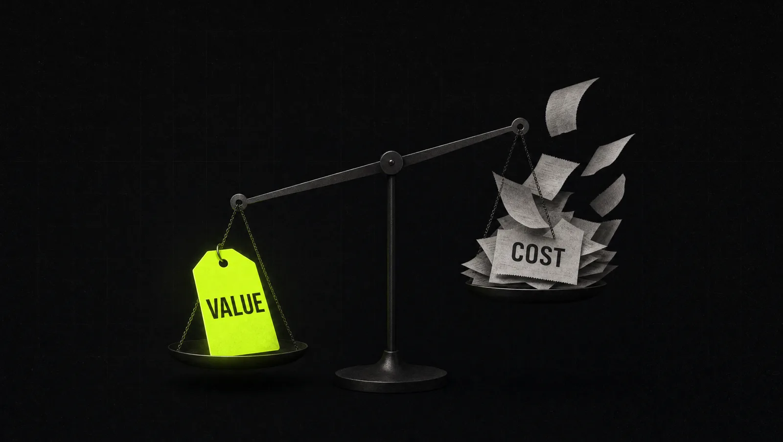 A single lime price tag glowing on a dark scale, heavier than a pile of grey cost receipts on the other side