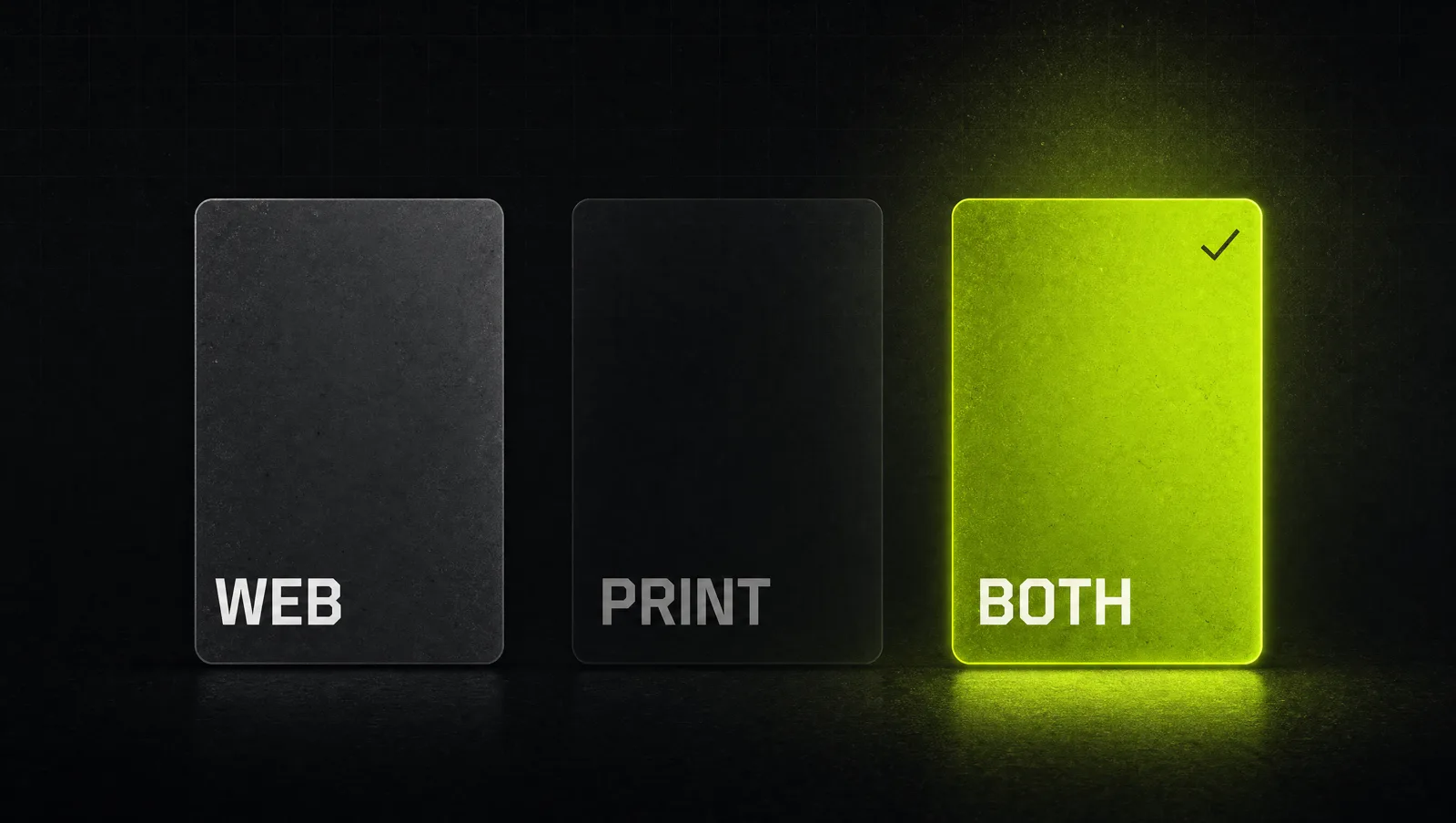 A dark editorial graphic of three subscription cards, the middle one faded grey, the right one glowing lime and chosen