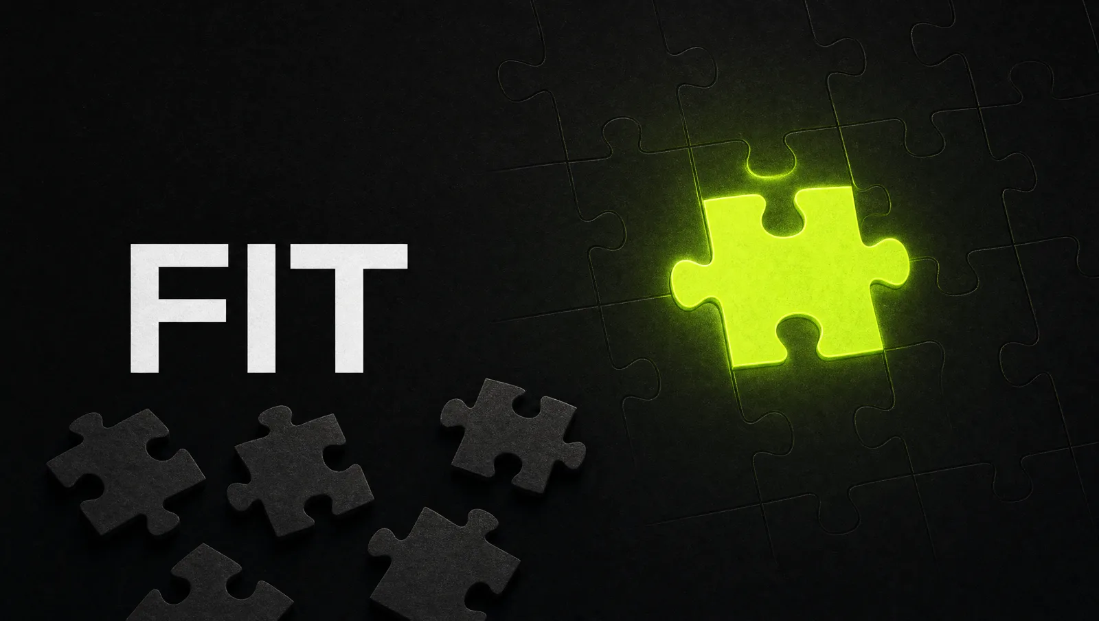 A single lime puzzle piece clicking into a dark grid while grey pieces pile up unused beside it: product meets market