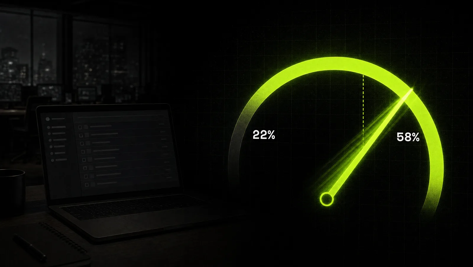 A dark control room with one glowing lime gauge climbing past a marked threshold line