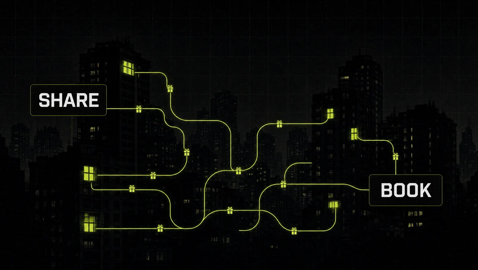A dark generic city skyline at night with glowing lime paths connecting apartment windows, each path carrying a small gift icon