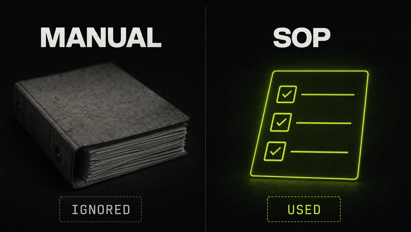 A thick grey manual on one side and a slim lime checklist card with three pause points on the other